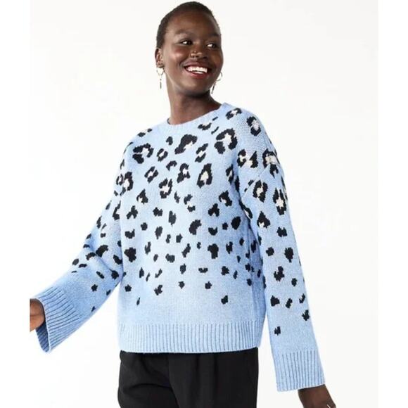 Nine West Leopard Crop Pullover Sweater Blue Knit Cozy Size PS NWOT - Picture 2 of 12